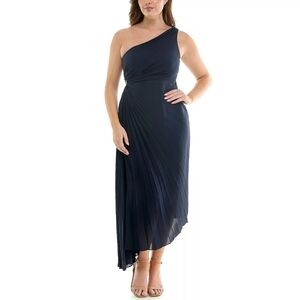 Nicole Miller One-Shoulder Pleated Dress With Side Keyhole Color: Navy Size: 12